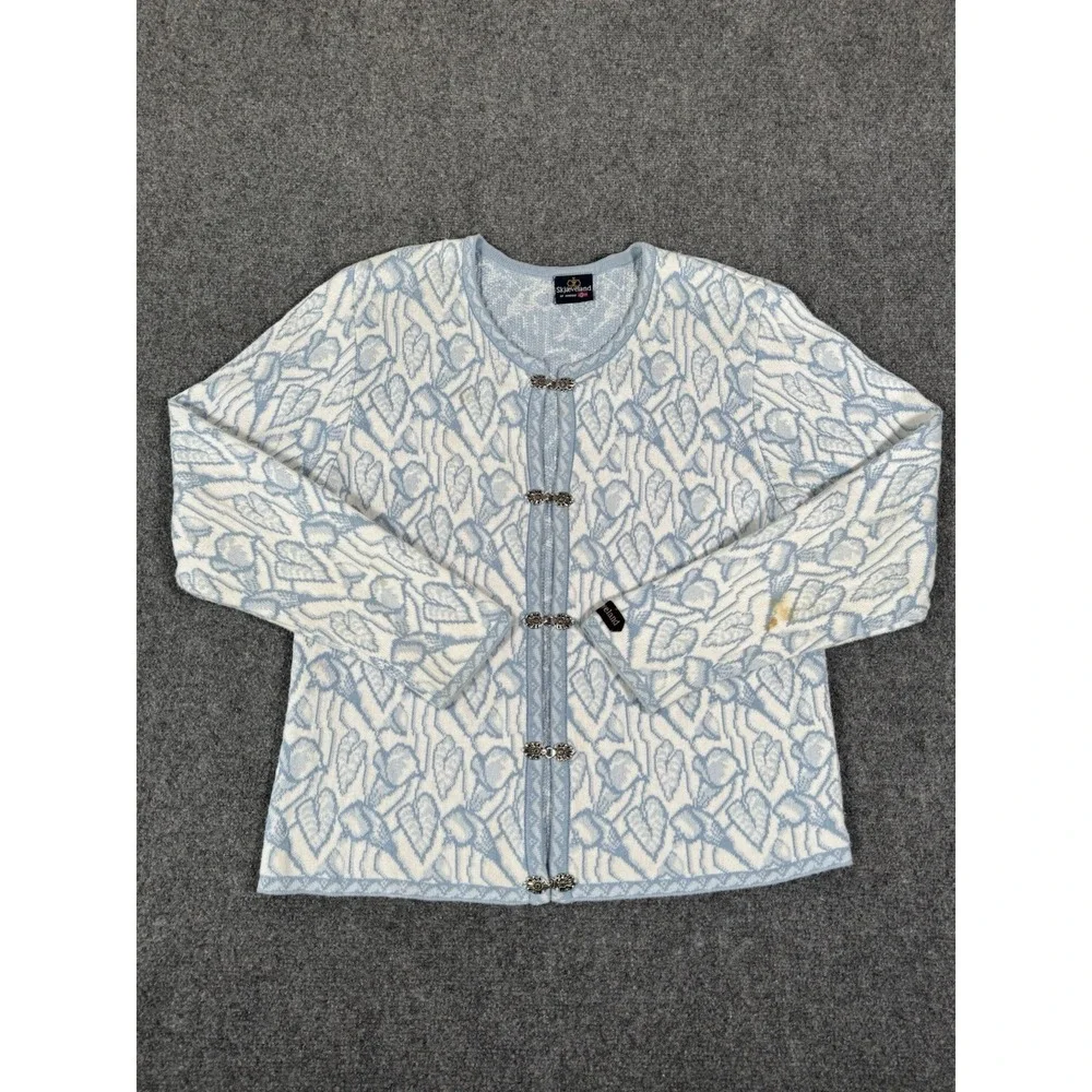 SKJAEVELAND Norway Nordic Cardigan Sweater Womens Small Blue White Heart Pattern
